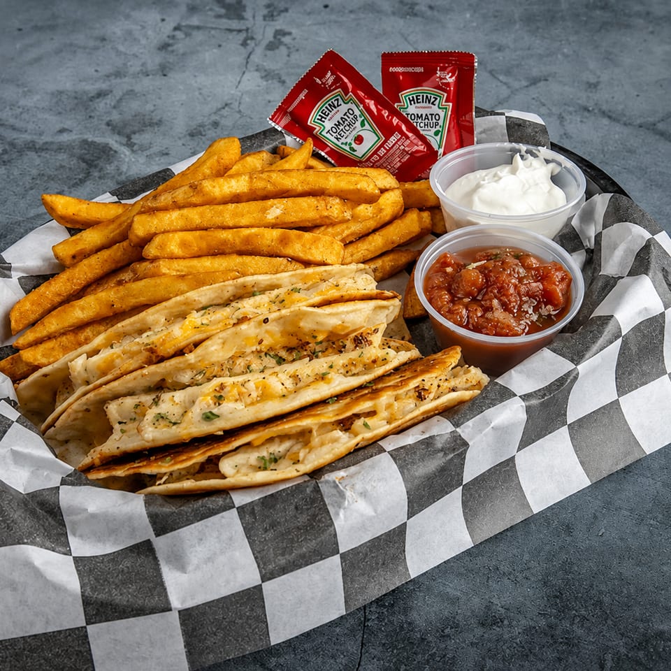 Basket of golden fries, cheesy quesadilla slices, salsa, sour cream, and Heinz ketchup packets.